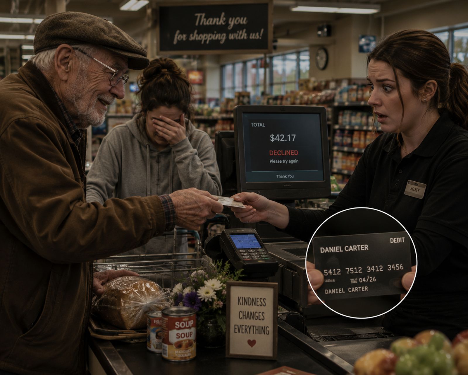 An old man with shaking hands paid $42.17 for a stranger whose card kept declining, but the moment the cashier saw the name on his debit card, her face went pale
