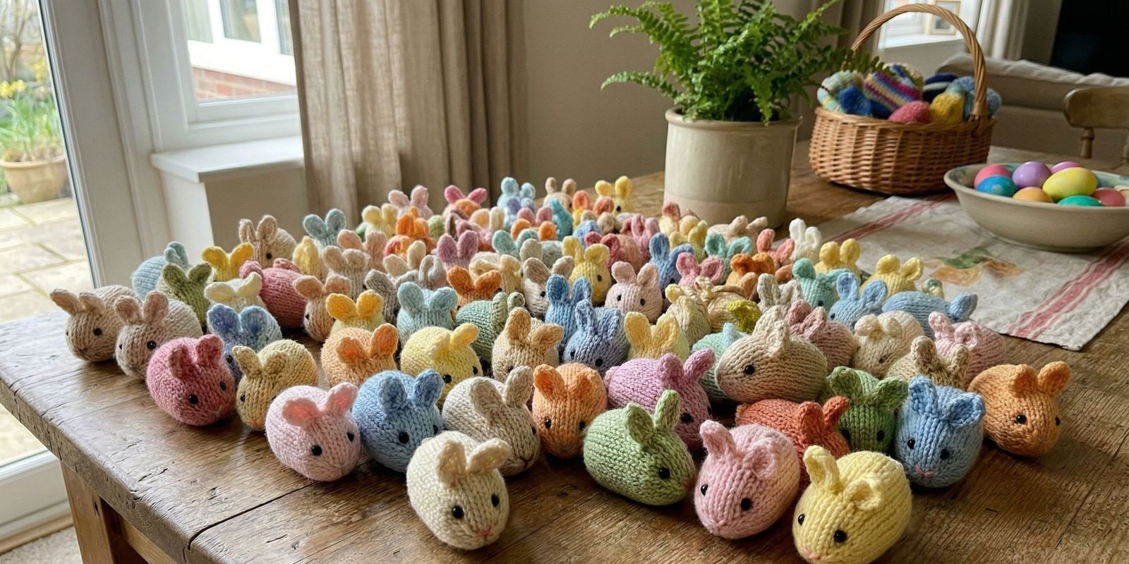 A bunch of cute knitted bunnies on a table | Source: Amomama