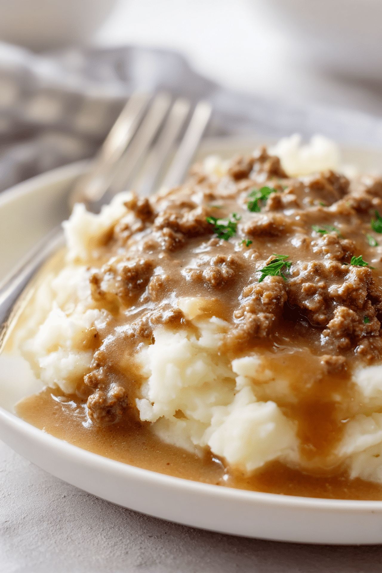 Ground Beef and Gravy Over Mashed Potatoes