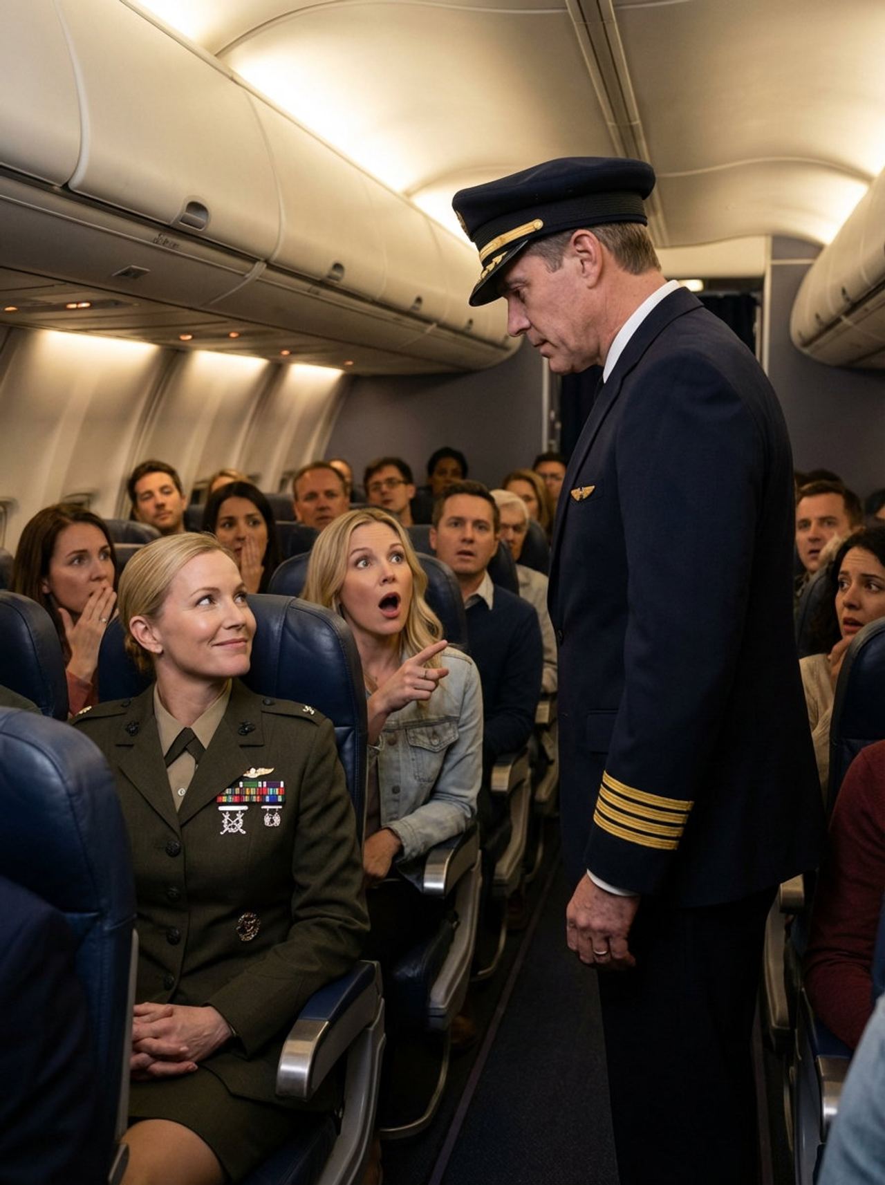 The captain stopped beside my economy seat, and saluted. “General, ma’am.” In one second, the laughter died, my father’s