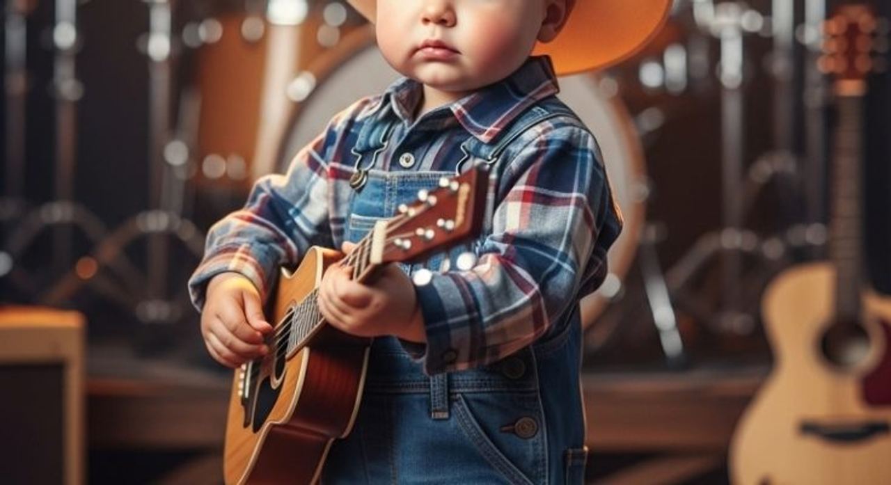 A young child dressed in a cowboy hat and overalls holds a small guitar, standing on stage ready to perform.