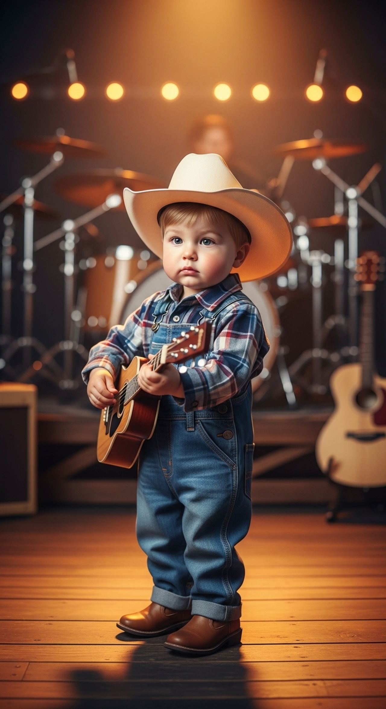 A young child dressed in a cowboy hat and overalls holds a small guitar, standing on stage ready to perform.