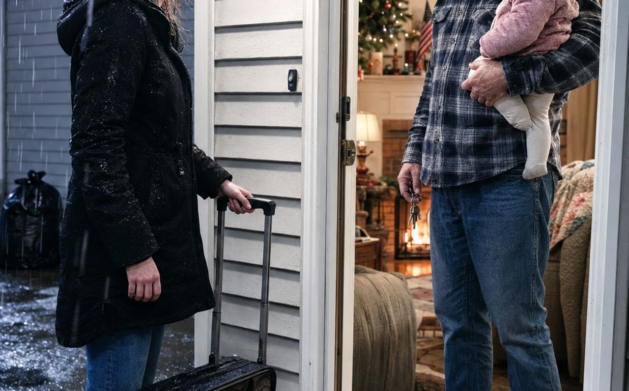 “Dad… open the door.” On a freezing Christmas night, I stood trembling on my father’s porch, clutching my soaking-wet on