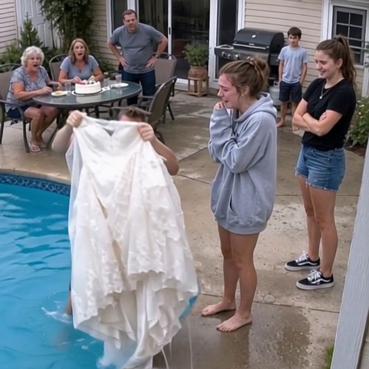 My sister threw my fiancée’s wedding dress into the pool just days before the ceremony