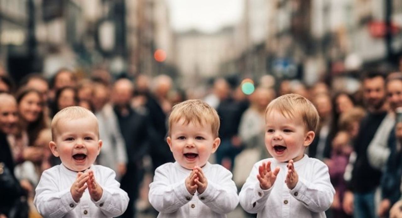 Three young children stand on a stage in front of a crowd, clapping joyfully and sharing a playful performance moment to
