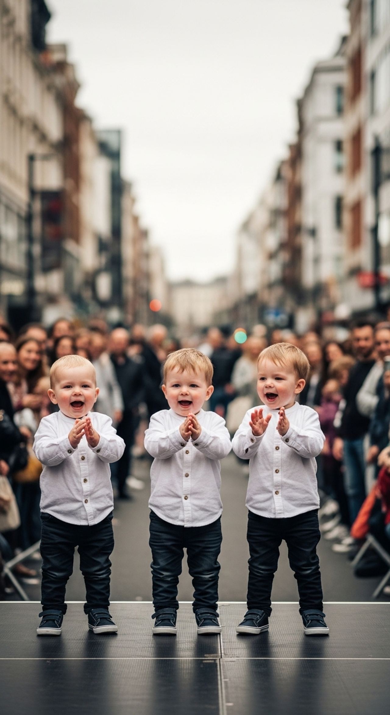 Three young children stand on a stage in front of a crowd, clapping joyfully and sharing a playful performance moment to